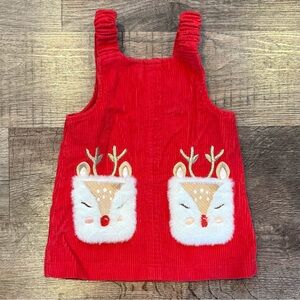 Christmas Red Corduroy Overall Dress With Reindeer Pockets Size 18 Months